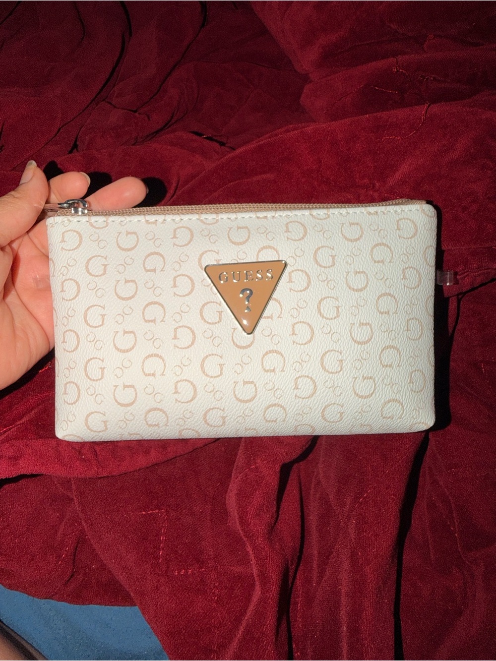 GUESS Cream Logo Zip Wristlet Clutch with Tan Badge